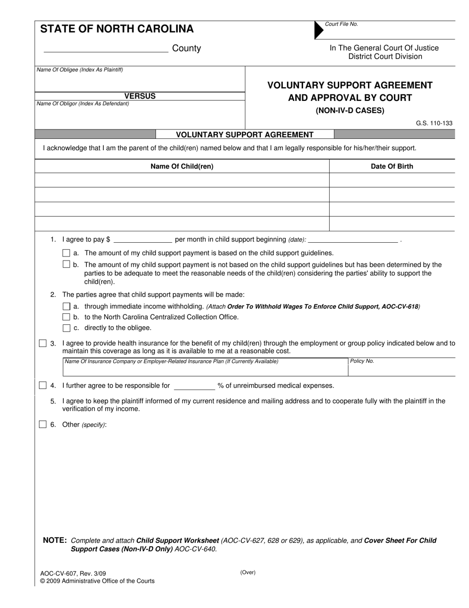 Form AOC-CV-607 Voluntary Support Agreement and Approval by Court (Non-IV-D Cases) - North Carolina, Page 1