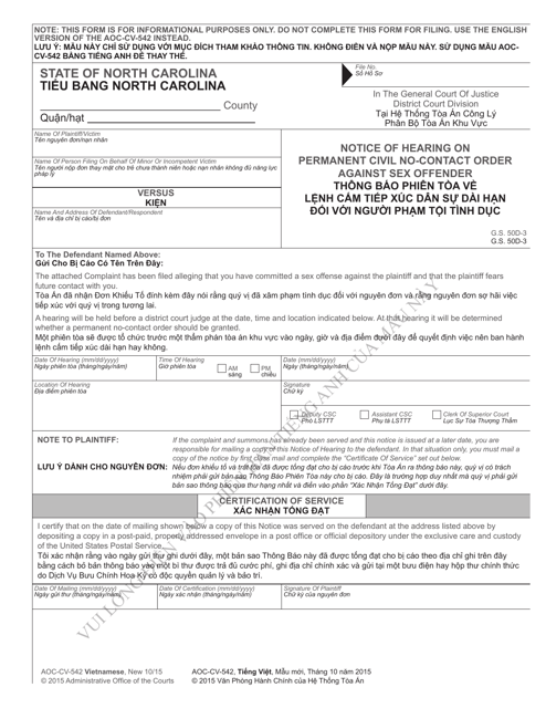 Form AOC-CV-542 VIETNAMESE Notice of Hearing on Permanent Civil No-Contact Order Against Sex Offender - North Carolina (English/Vietnamese)