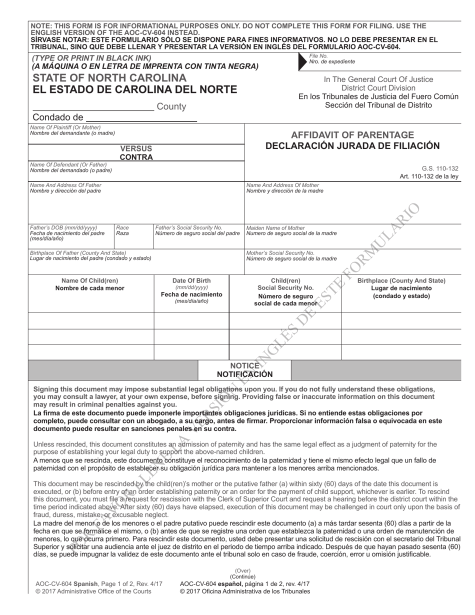 Form AOC-CV-604 SPANISH Affidavit of Parentage - North Carolina (English / Spanish), Page 1