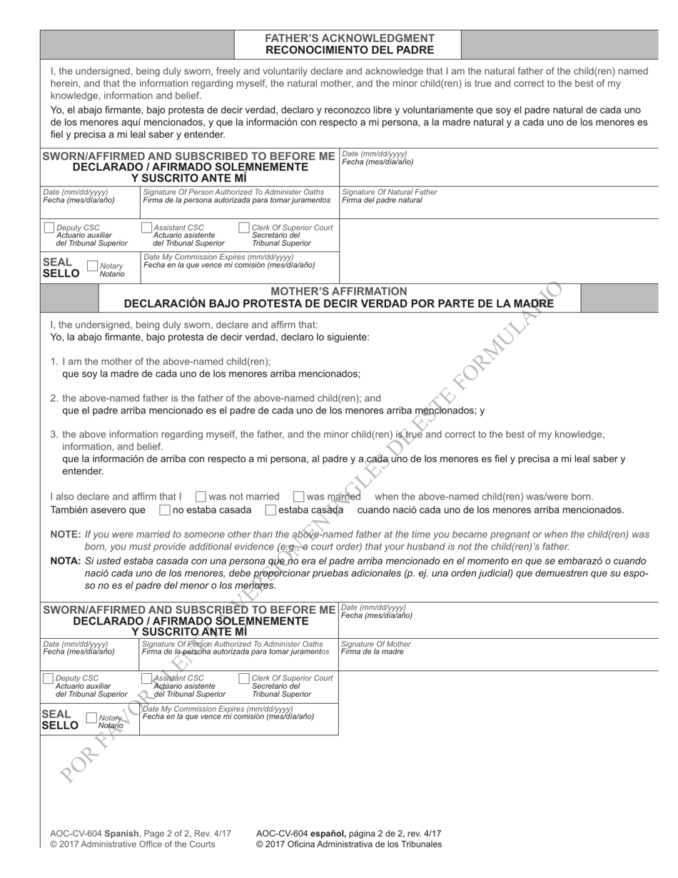 Form AOC-CV-604 SPANISH Affidavit of Parentage - North Carolina (English / Spanish), Page 2