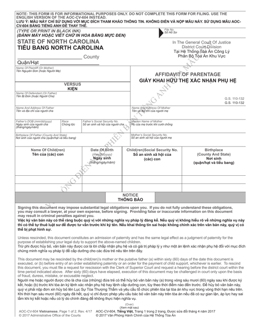 Form AOC-CV-604 VIETNAMESE Affidavit of Parentage - North Carolina (English/Vietnamese)