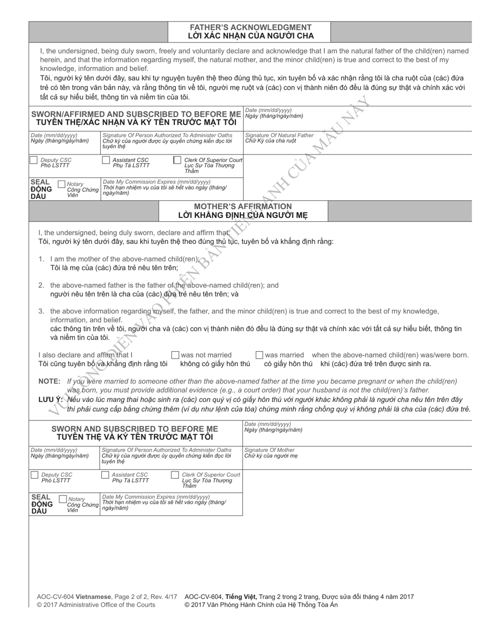 Form AOC-CV-604 VIETNAMESE Affidavit of Parentage - North Carolina (English / Vietnamese), Page 2