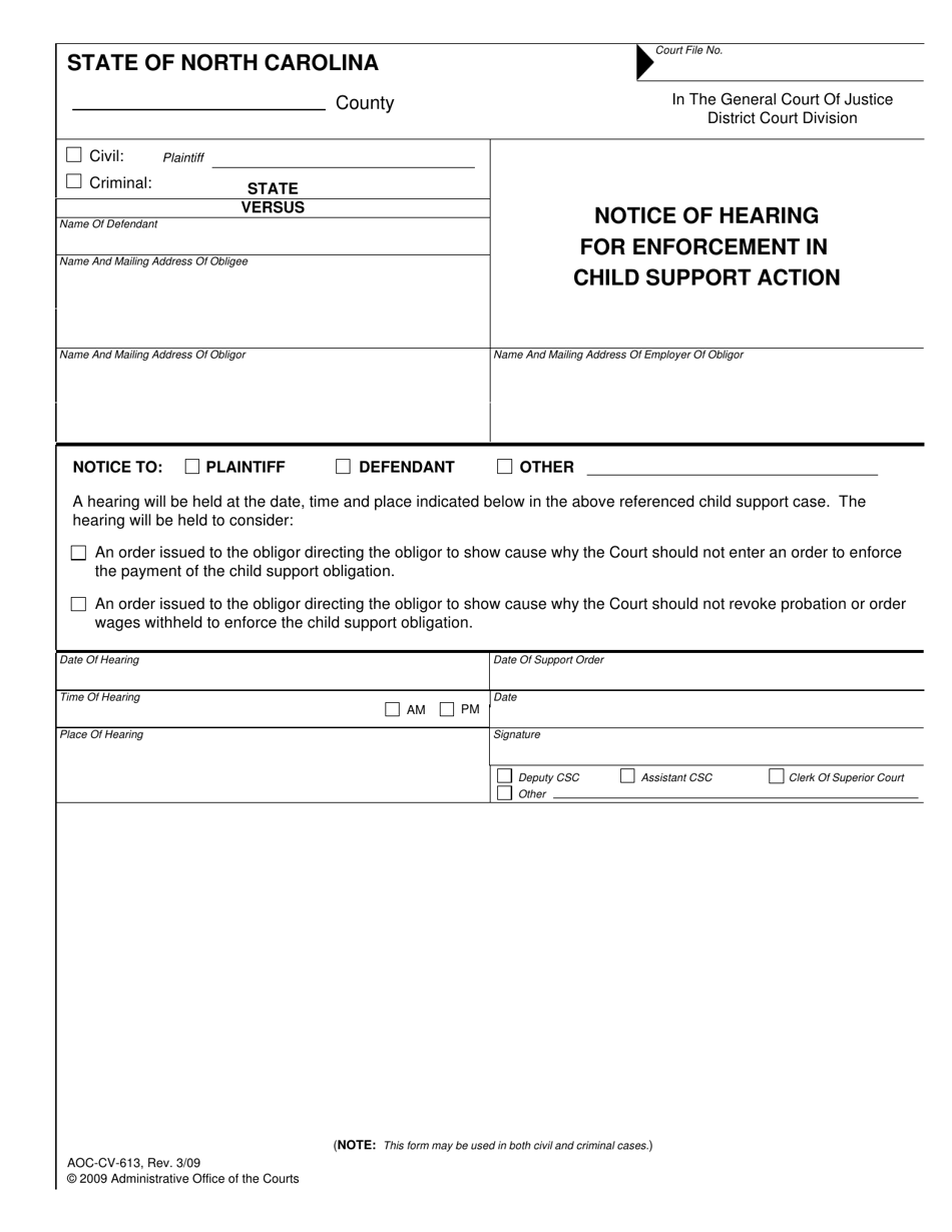Form AOC-CV-613 Notice of Hearing for Enforcement in Child Support Action - North Carolina, Page 1