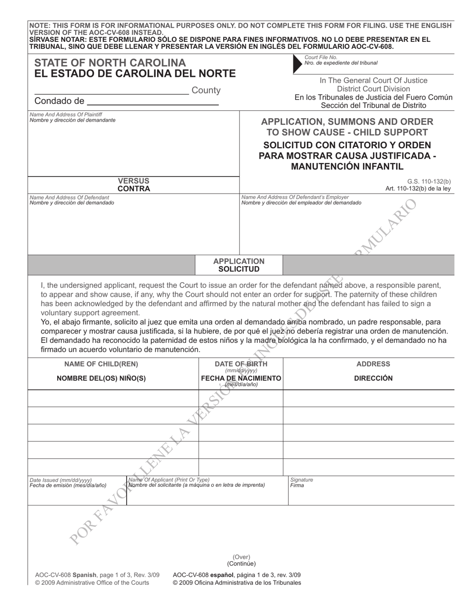Form AOC-CV-608 SPANISH Application, Summons and Order to Show Cause - Child Support - North Carolina (English / Spanish), Page 1