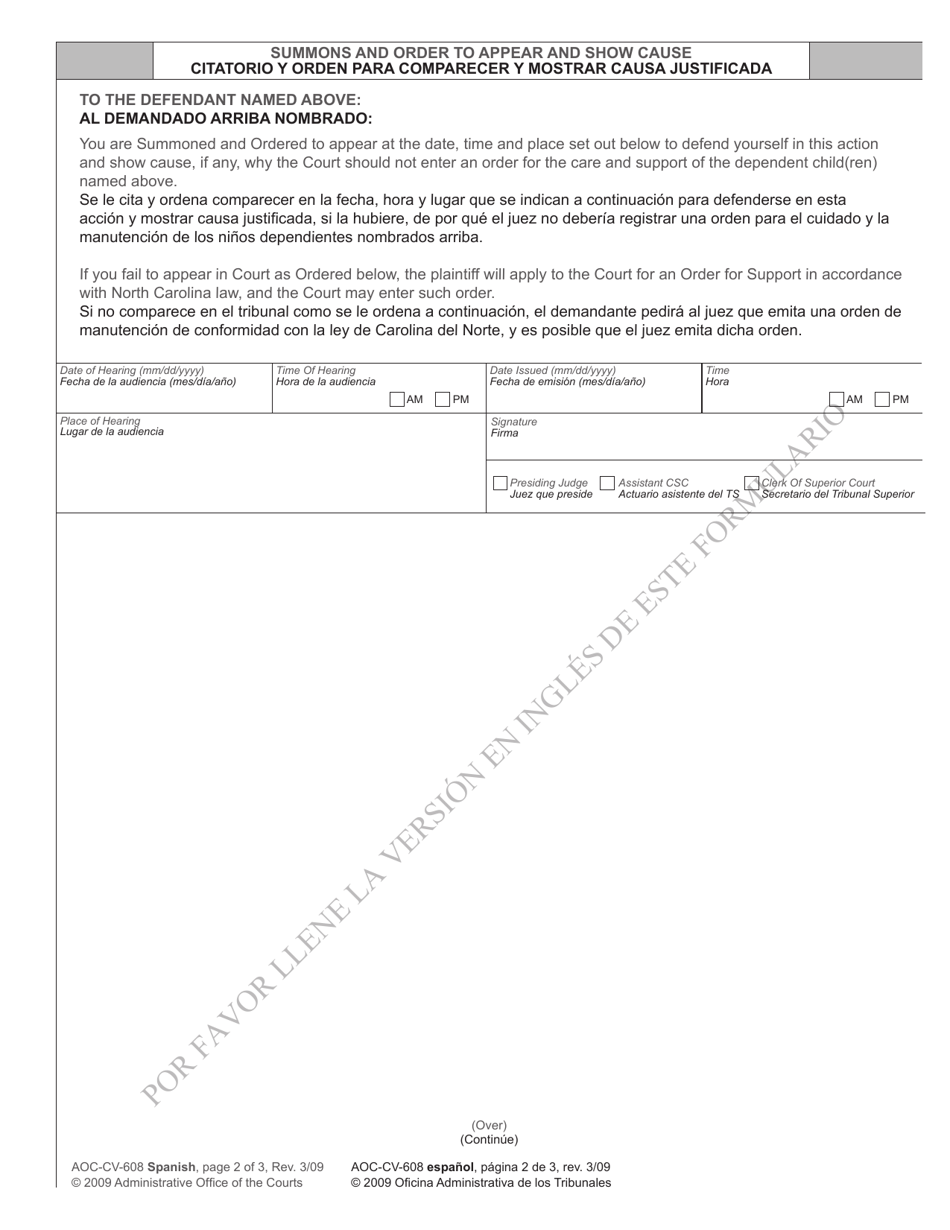 Form AOC-CV-608 SPANISH Application, Summons and Order to Show Cause - Child Support - North Carolina (English / Spanish), Page 2