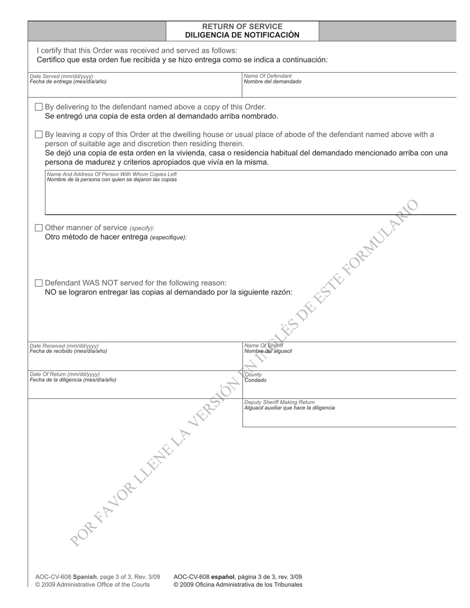 Form AOC-CV-608 SPANISH Application, Summons and Order to Show Cause - Child Support - North Carolina (English / Spanish), Page 3