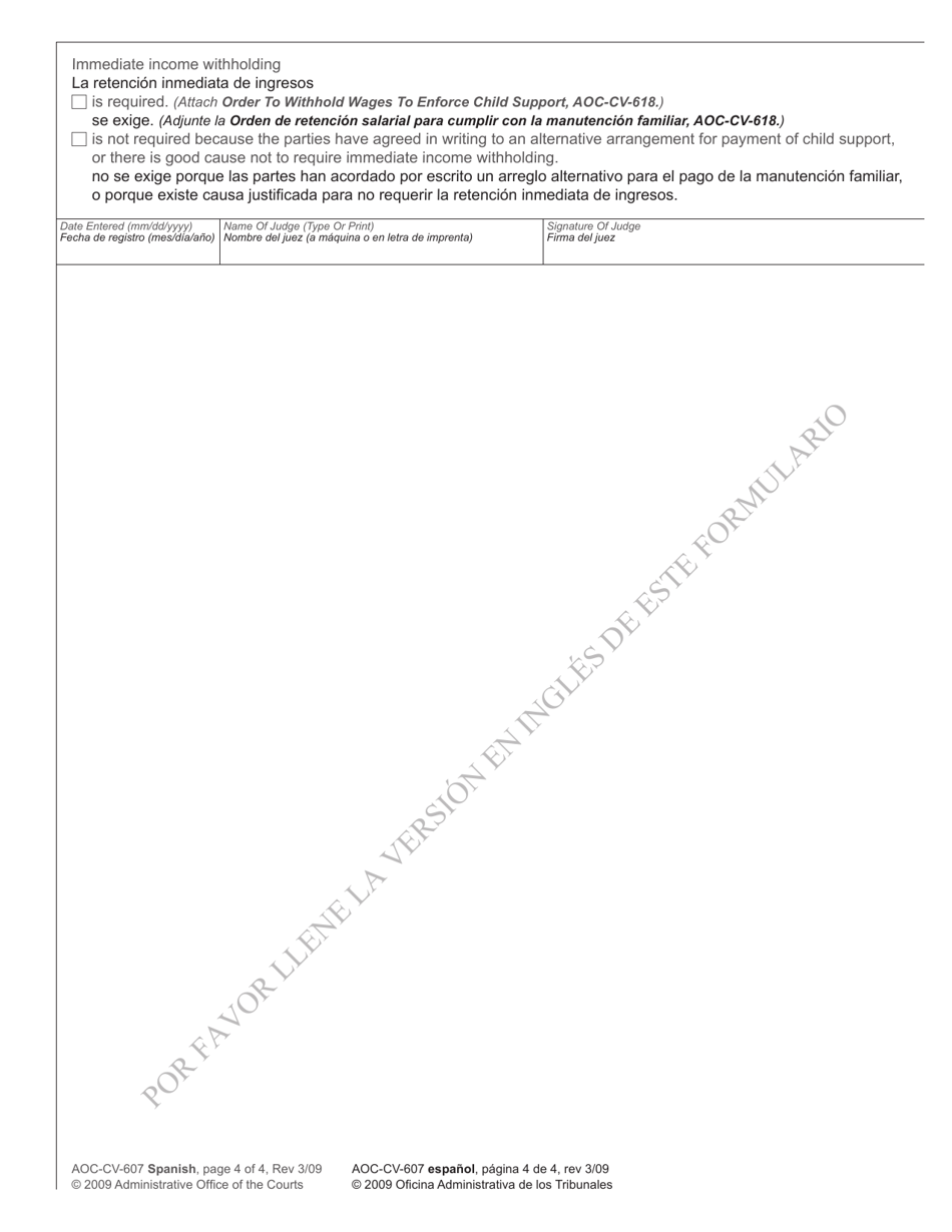 Form AOC-CV-607 SPANISH Voluntary Support Agreement and Approval by Court (Non-IV-D Cases) - North Carolina (English / Spanish), Page 4