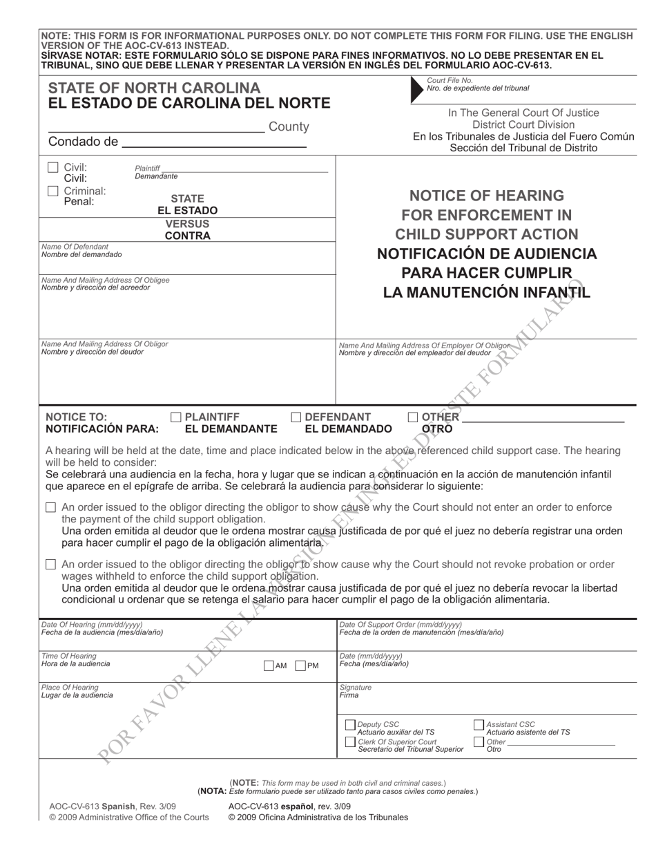 Form AOC-CV-613 Notice of Hearing for Enforcement in Child Support Action - North Carolina (English/Spanish), Page 1