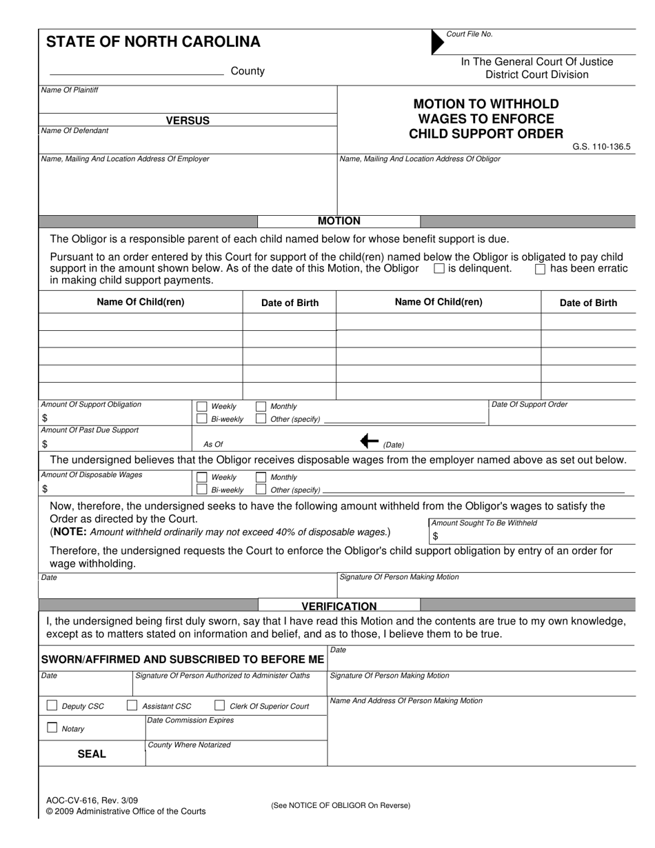 Form AOC-CV-616 Motion to Withhold Wages to Enforce Child Support Order - North Carolina, Page 1