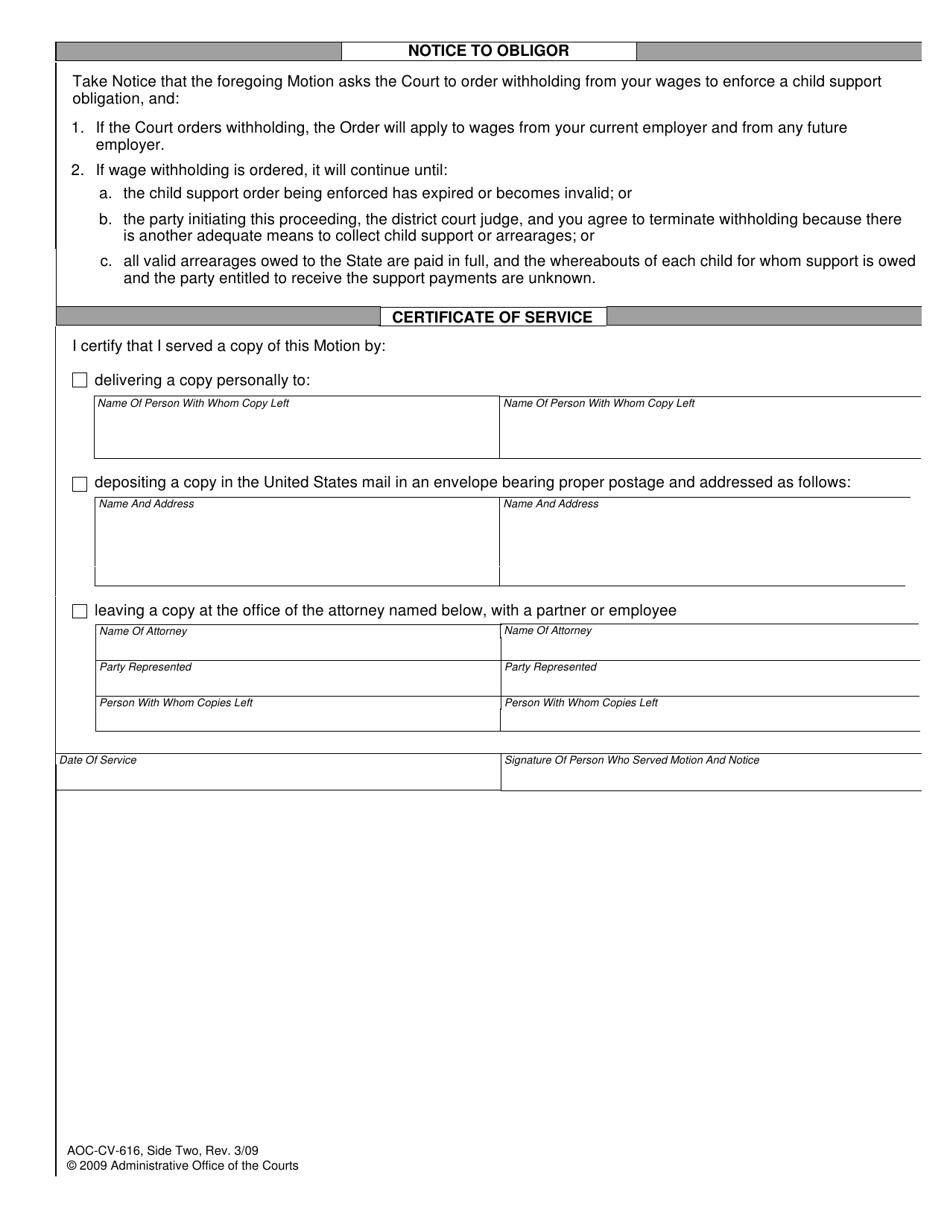 Form AOC-CV-616 Motion to Withhold Wages to Enforce Child Support Order - North Carolina, Page 2