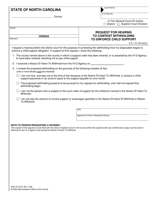 Form AOC-CV-619 Request for Hearing to Contest Withholding to Enforce Child Support - North Carolina