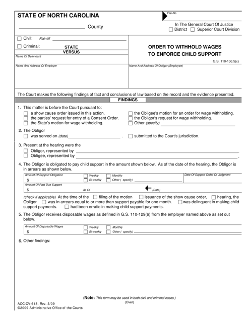 Form AOC-CV-618 Order to Withhold Wages to Enforce Child Support - North Carolina