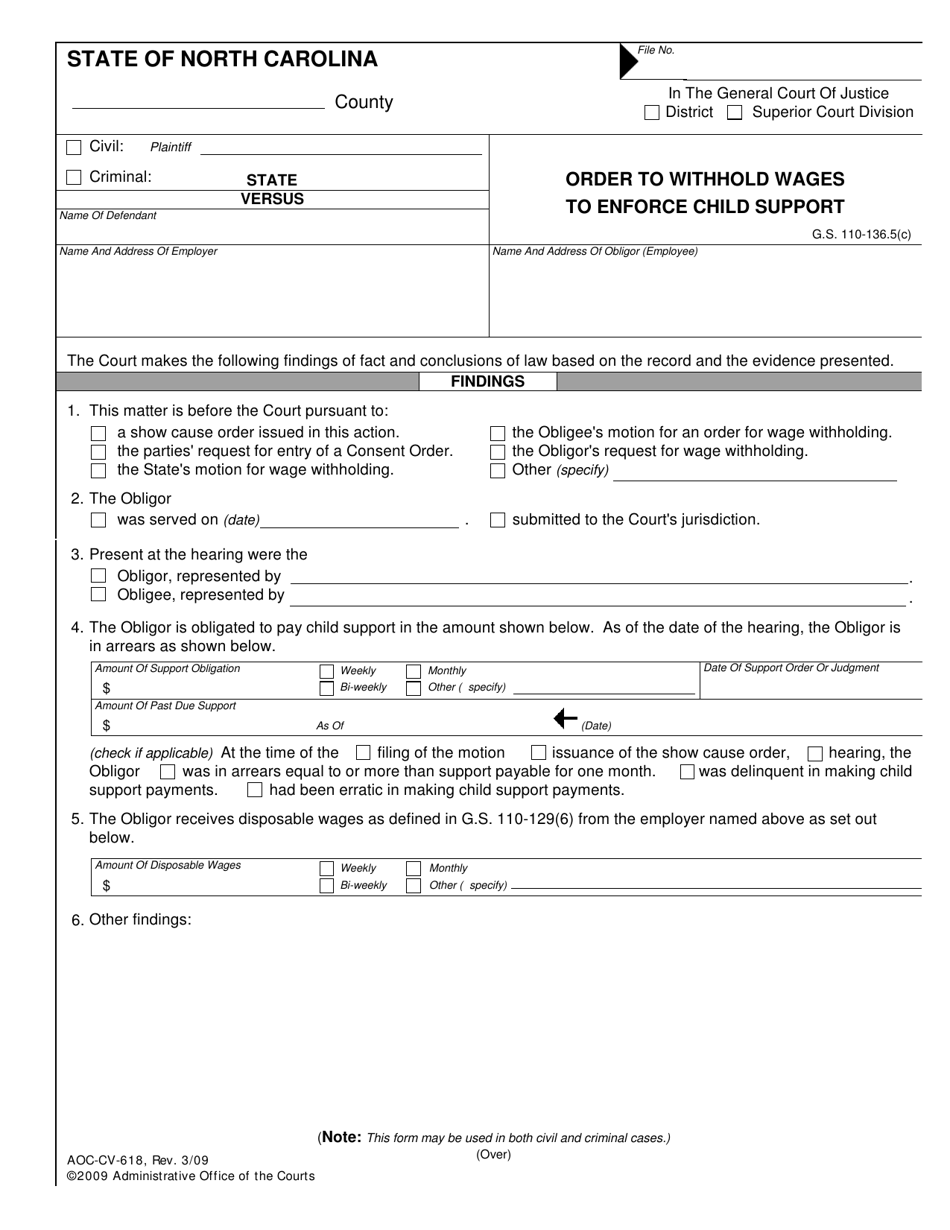 Form AOC-CV-618 Order to Withhold Wages to Enforce Child Support - North Carolina, Page 1
