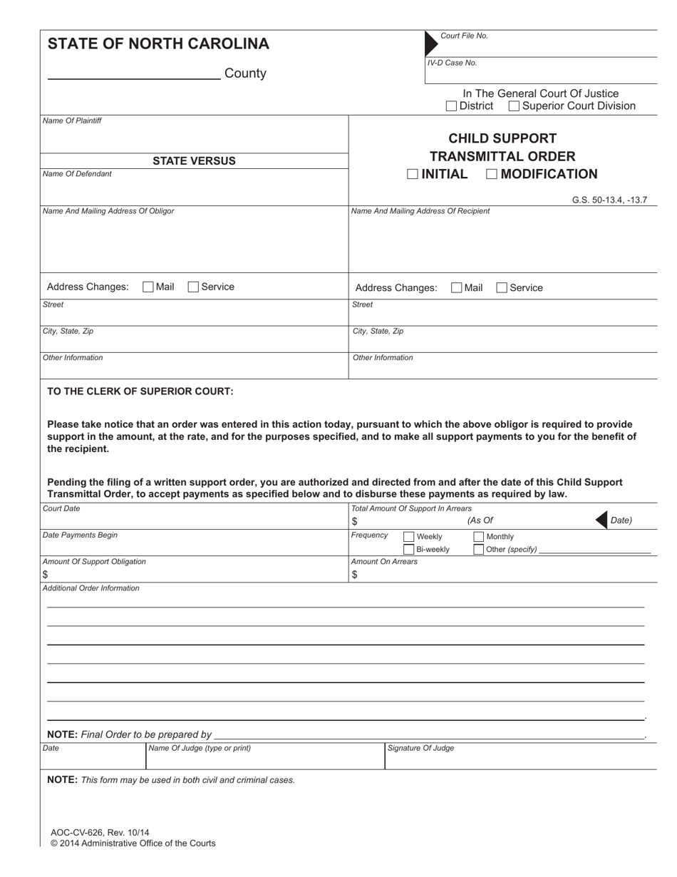 Form AOC-CV-626 Child Support Transmittal Order Initial / Modification - North Carolina, Page 1