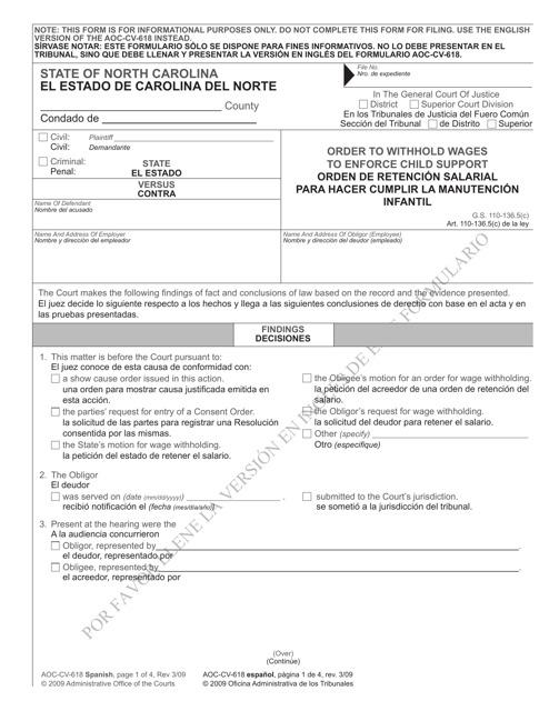 Form AOC-CV-618 SPANISH Order to Withhold Wages to Enforce Child Support - North Carolina (English/Spanish)