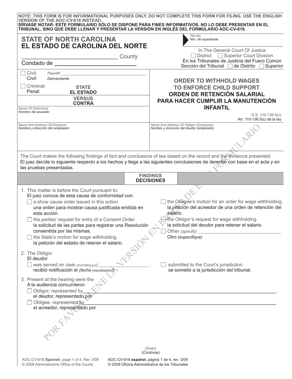 Form AOC-CV-618 SPANISH Order to Withhold Wages to Enforce Child Support - North Carolina (English / Spanish), Page 1