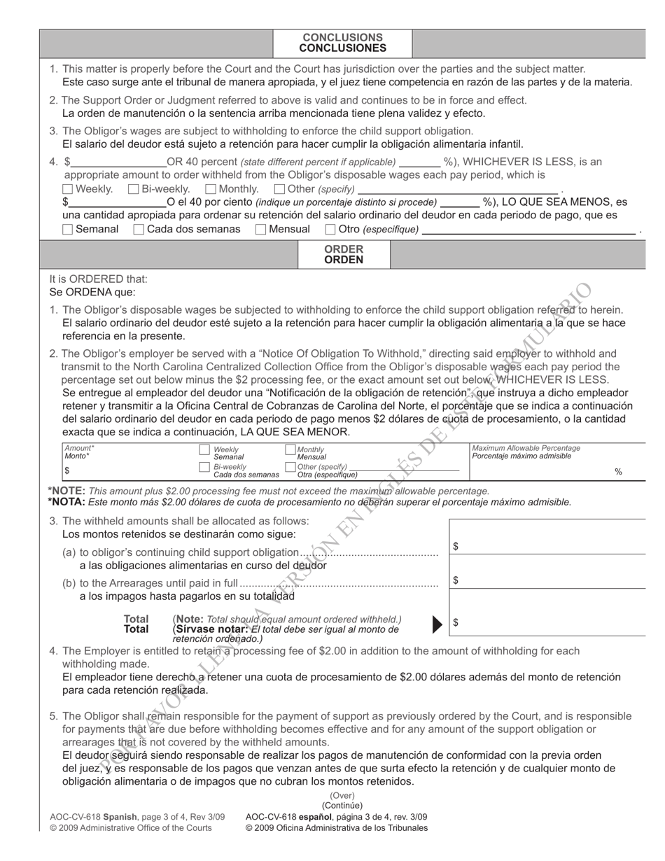 Form AOC-CV-618 SPANISH Order to Withhold Wages to Enforce Child Support - North Carolina (English / Spanish), Page 3