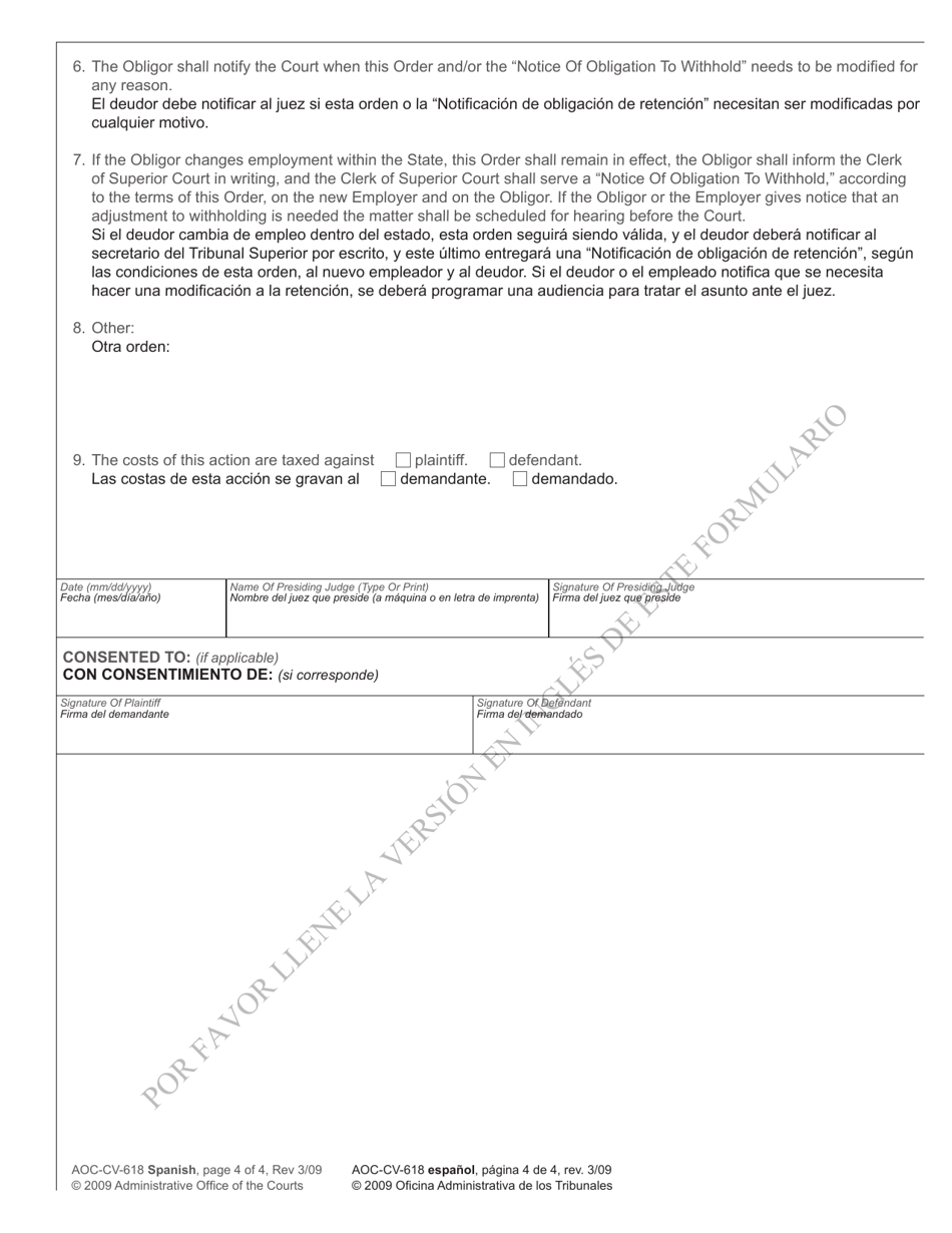 Form AOC-CV-618 SPANISH Order to Withhold Wages to Enforce Child Support - North Carolina (English / Spanish), Page 4