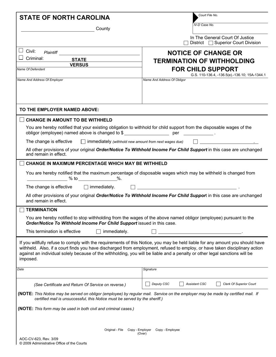 Form AOC-CV-623 Notice of Change or Termination of Withholding for Child Support - North Carolina, Page 1