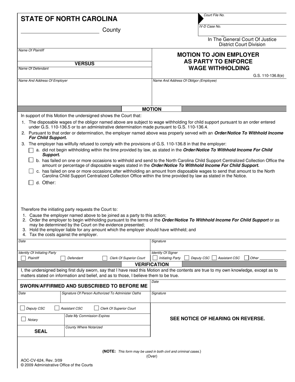 Form AOC-CV-624 Motion to Join Employer as Party to Enforce Wage Withholding - North Carolina, Page 1