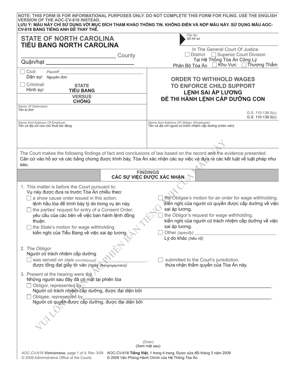 Form AOC-CV-618 VIETNAMESE Order to Withhold Wages to Enforce Child Support - North Carolina (English / Vietnamese), Page 1