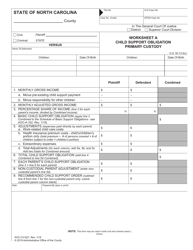 Form AOC-CV-627 Worksheet a - Child Support Obligation Primary Custody - North Carolina