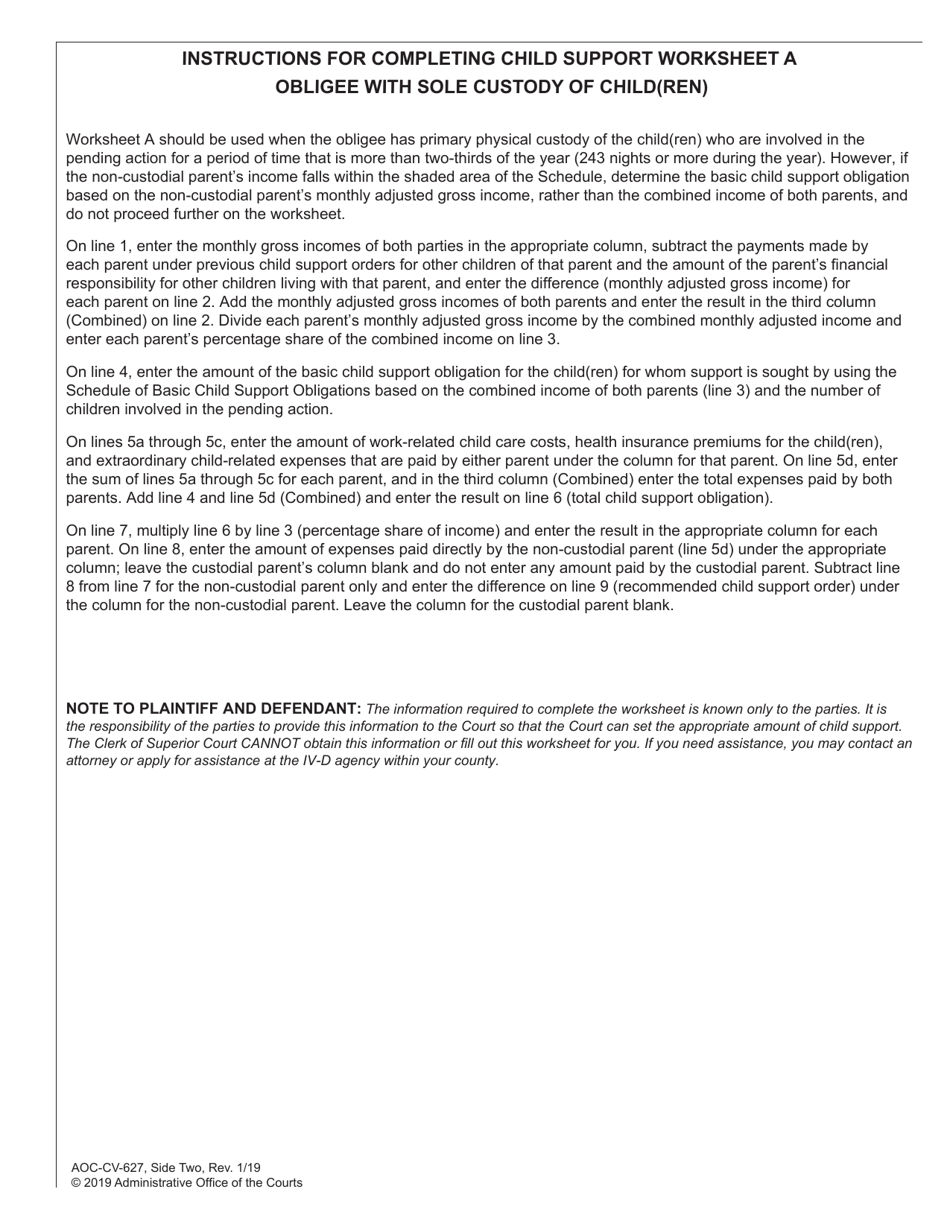 Form AOC-CV-627 Worksheet a - Child Support Obligation Primary Custody - North Carolina, Page 2