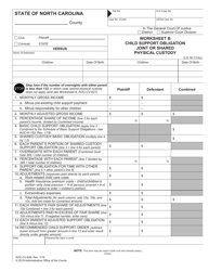 Document preview: Form AOC-CV-628 Worksheet B - Child Support Obligation Joint or Shared Physical Custody - North Carolina