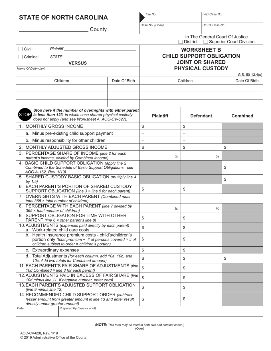 Form AOC-CV-628 Worksheet B - Child Support Obligation Joint or Shared Physical Custody - North Carolina, Page 1