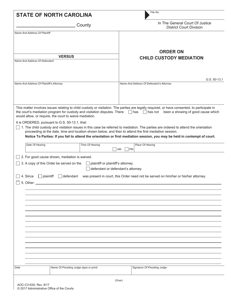 Form AOC-CV-630 Order on Child Custody Mediation - North Carolina, Page 1