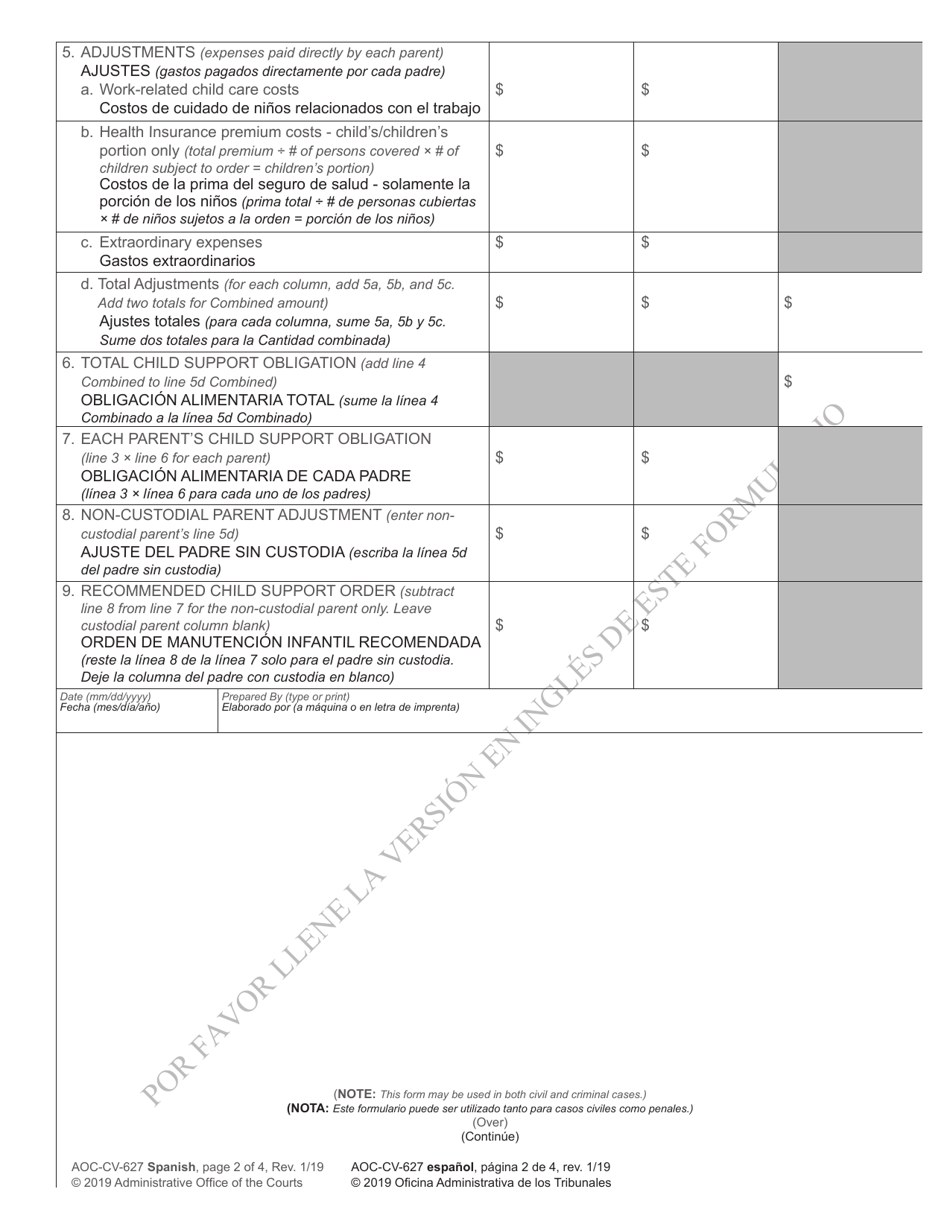 Form AOC-CV-627 SPANISH Worksheet a - Child Support Obligation Primary Custody - North Carolina (English / Spanish), Page 2