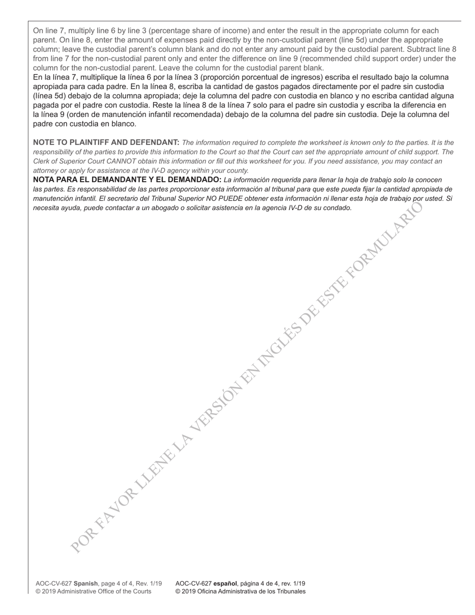 Form AOC-CV-627 SPANISH Worksheet a - Child Support Obligation Primary Custody - North Carolina (English / Spanish), Page 4