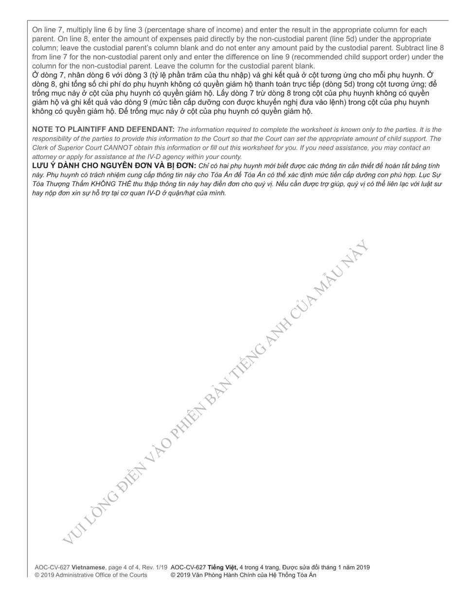 Form AOC-CV-627 Worksheet a - Child Support Obligation Primary Custody - North Carolina (English / Vietnamese), Page 4