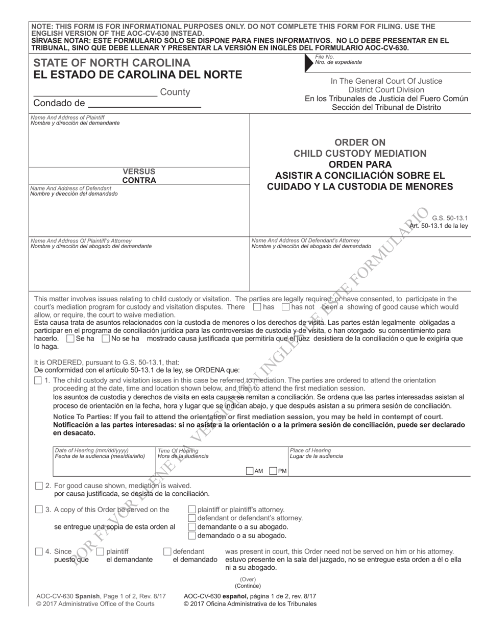Form AOC-CV-630 SPANISH Order on Child Custody Mediation - North Carolina (English / Spanish), Page 1