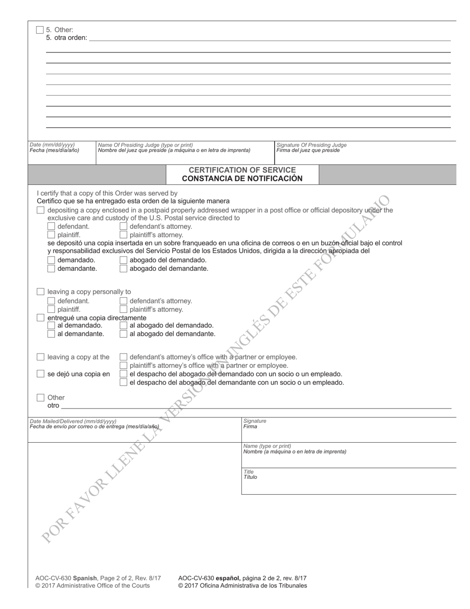 Form AOC-CV-630 SPANISH Order on Child Custody Mediation - North Carolina (English / Spanish), Page 2