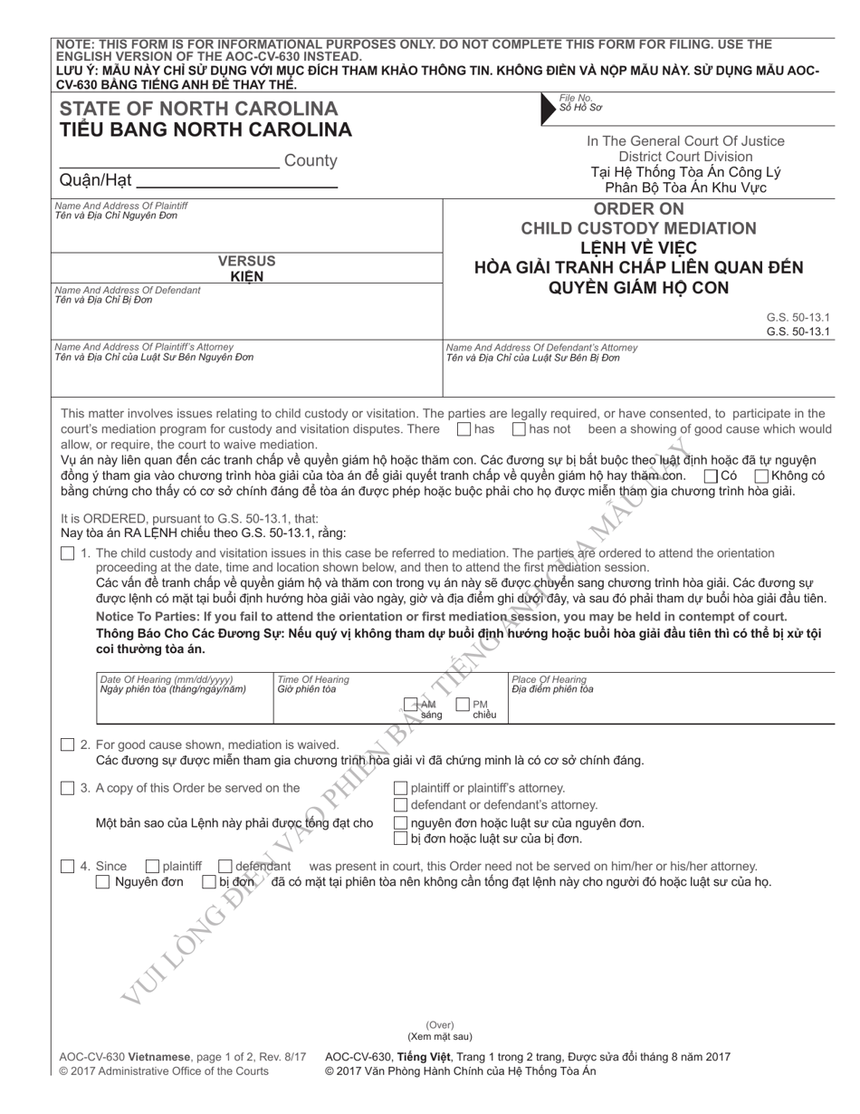 Form AOC-CV-630 VIETNAMESE Order on Child Custody Mediation - North Carolina (English/Vietnamese), Page 1