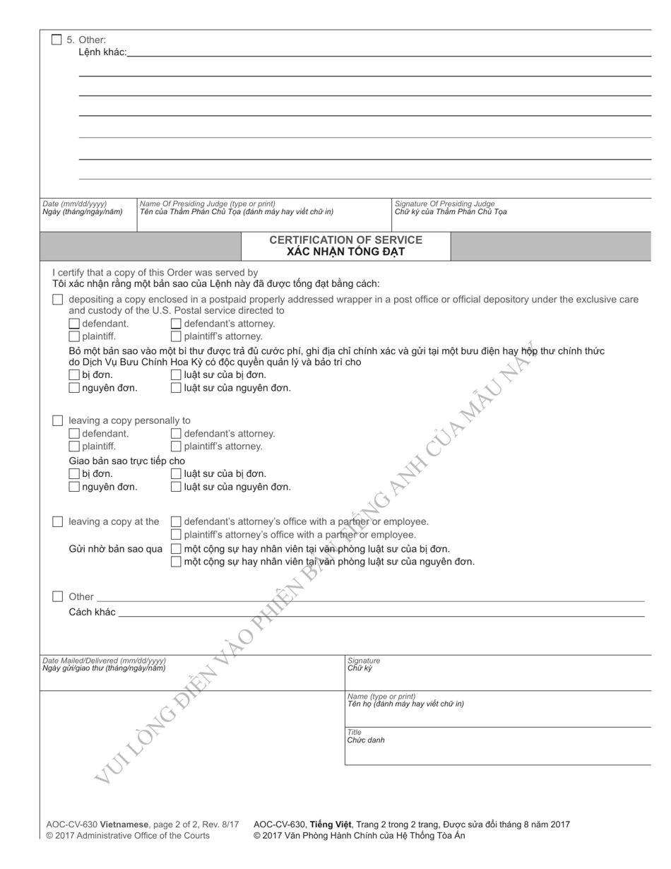 Form AOC-CV-630 VIETNAMESE Order on Child Custody Mediation - North Carolina (English / Vietnamese), Page 2