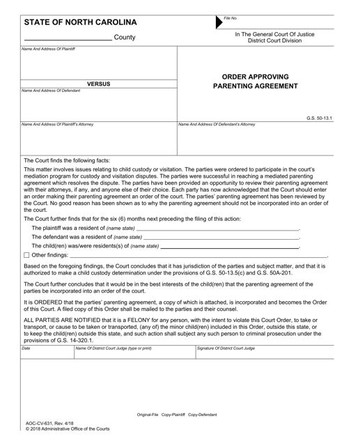 Form AOC-CV-631 Order Approving Parenting Agreement - North Carolina