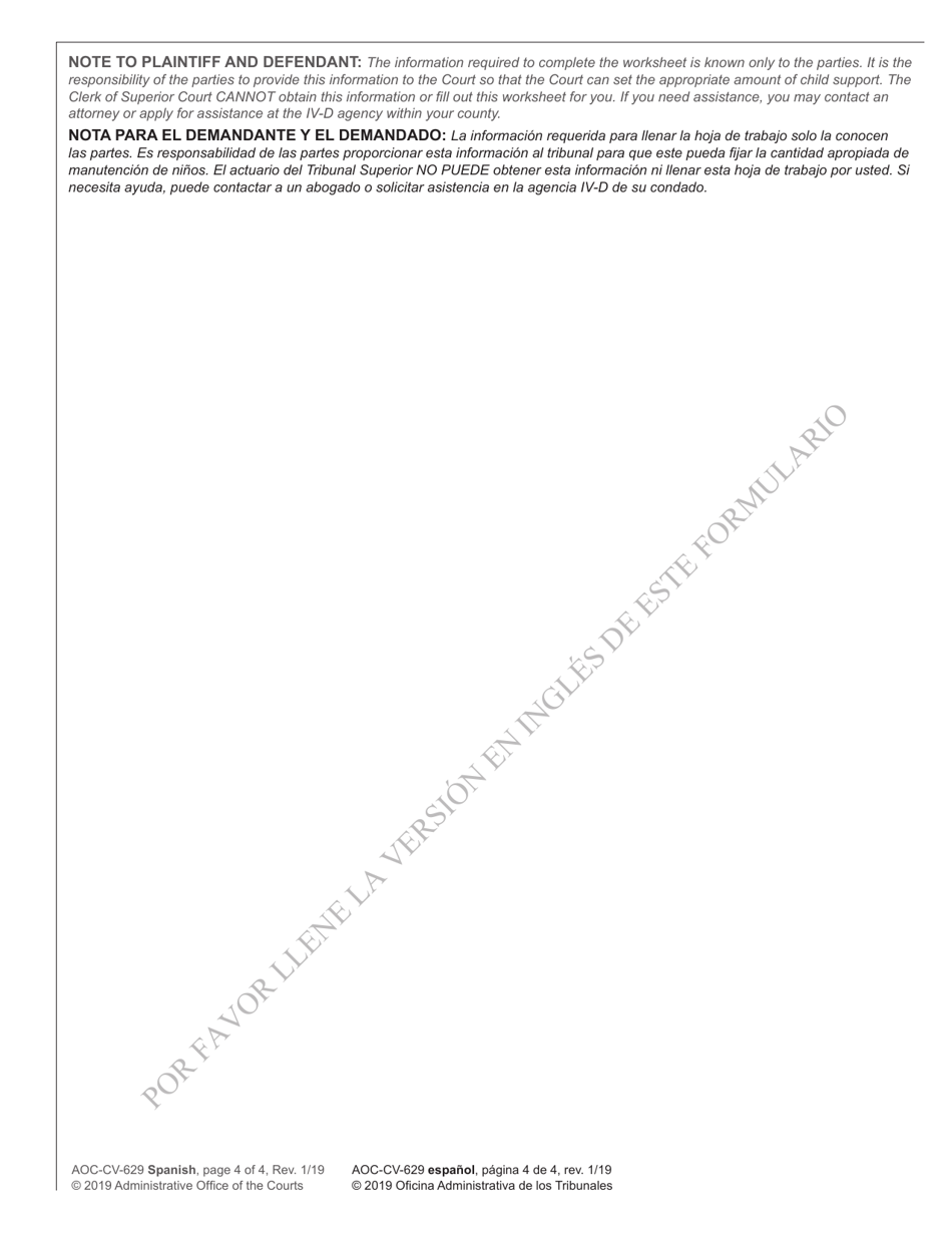 Form AOC-CV-629 SPANISH Worksheet C - Child Support Obligation Split Custody - North Carolina (English / Spanish), Page 4