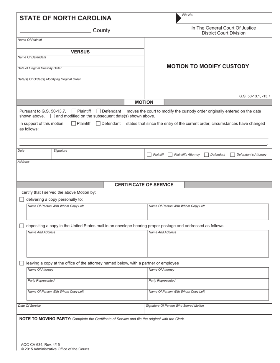 Form AOC-CV-634 Motion to Modify Custody - North Carolina, Page 1