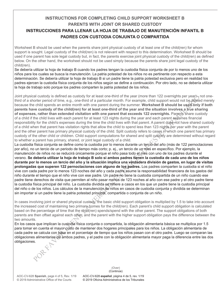 Form AOC-CV-628 SPANISH Worksheet B - Child Support Obligation Joint or Shared Physical Custody - North Carolina (English / Spanish), Page 4