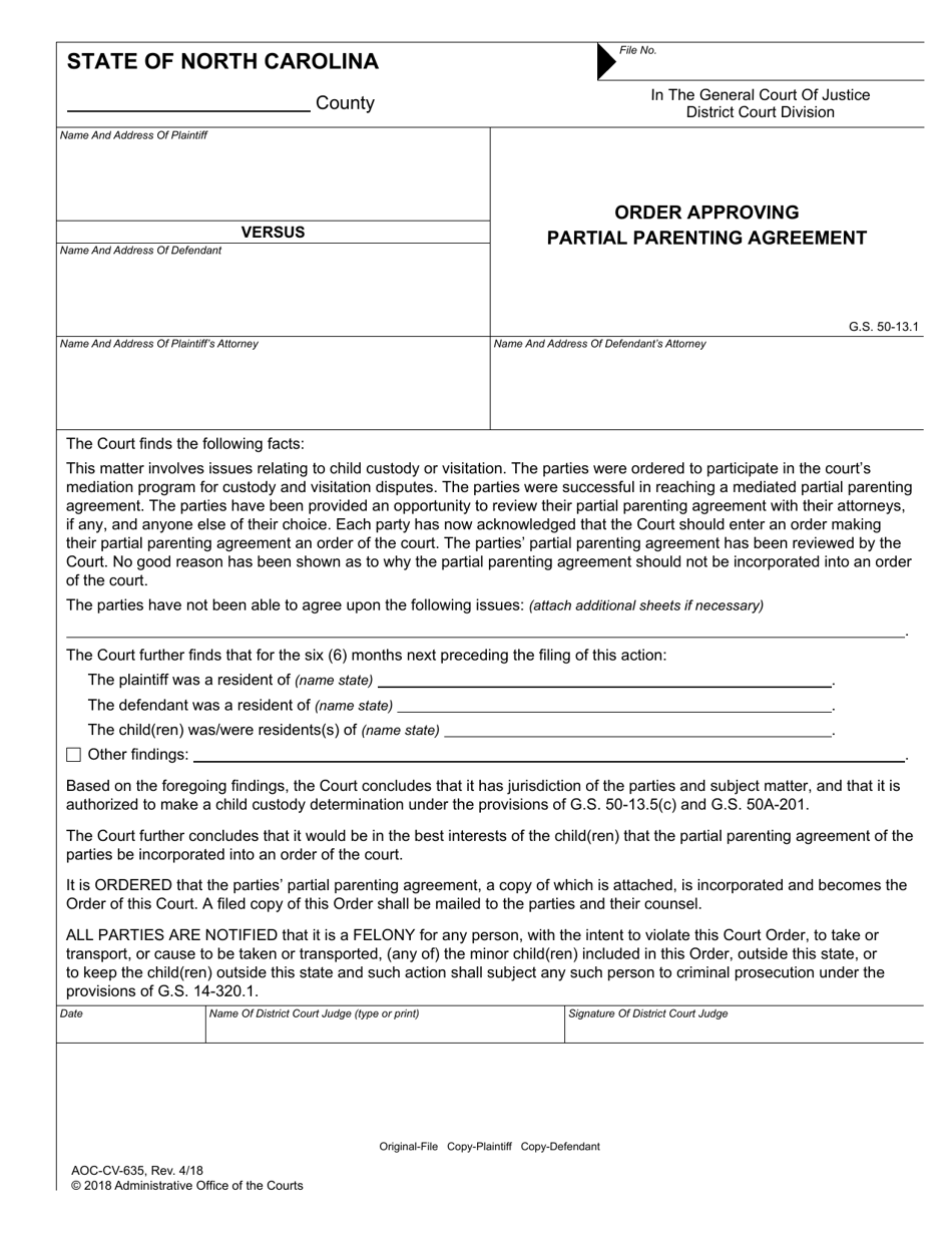 Form AOC-CV-635 Order Approving Partial Parenting Agreement - North Carolina, Page 1