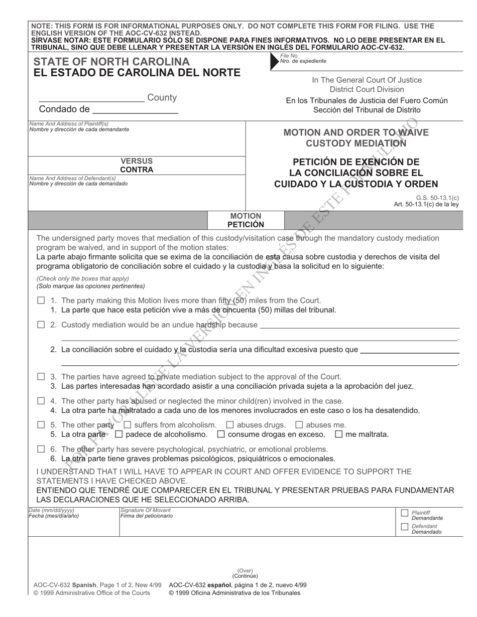 Form AOC-CV-632 SPANISH Motion and Order to Waive Custody Mediation - North Carolina (English / Spanish), Page 1