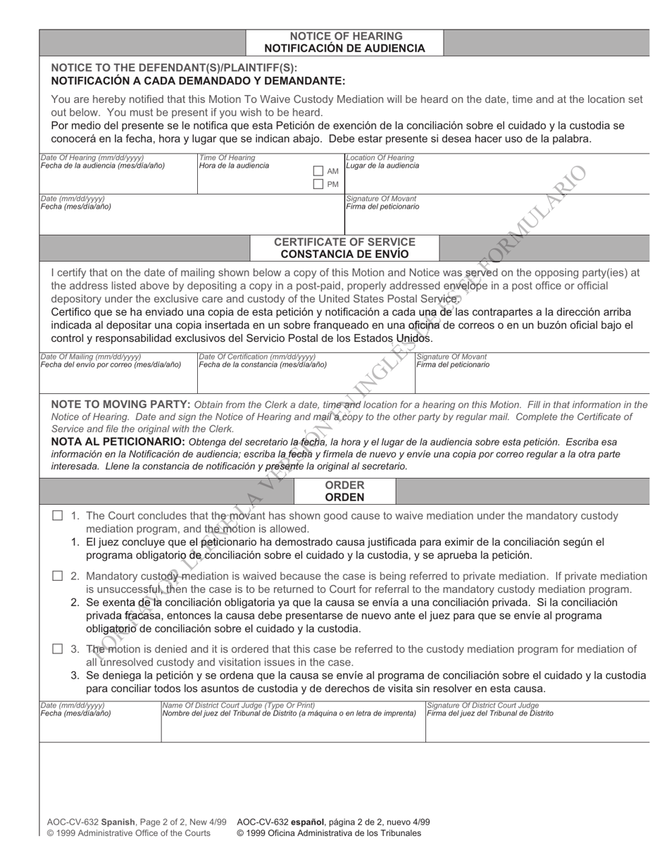Form AOC-CV-632 SPANISH Motion and Order to Waive Custody Mediation - North Carolina (English / Spanish), Page 2