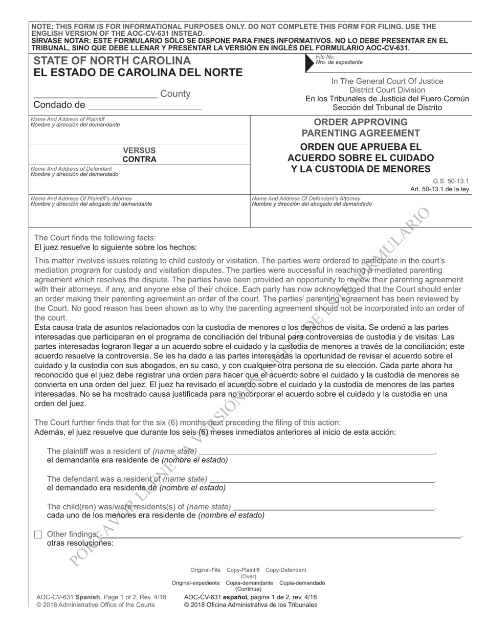 Form AOC-CV-631 SPANISH Order Approving Parenting Agreement - North Carolina (English / Spanish), Page 1