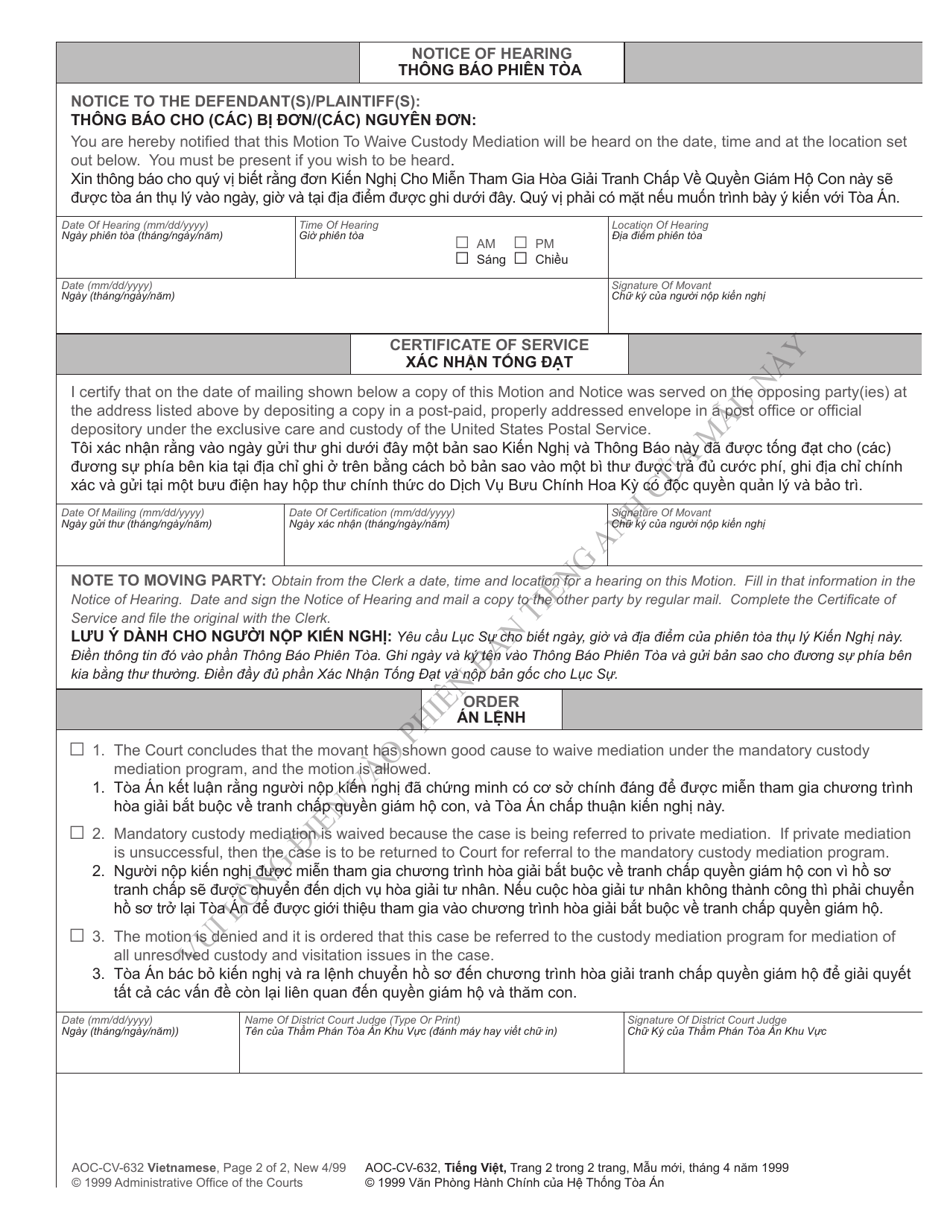 Form AOC-CV-632 VIETNAMESE Motion and Order to Waive Custody Mediation - North Carolina (English / Vietnamese), Page 2