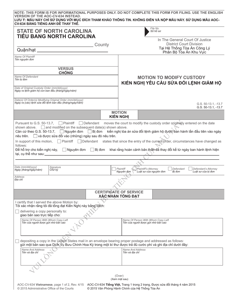 Form AOC-CV-634 VIETNAMESE Motion to Modify Custody - North Carolina (English / Vietnamese), Page 1