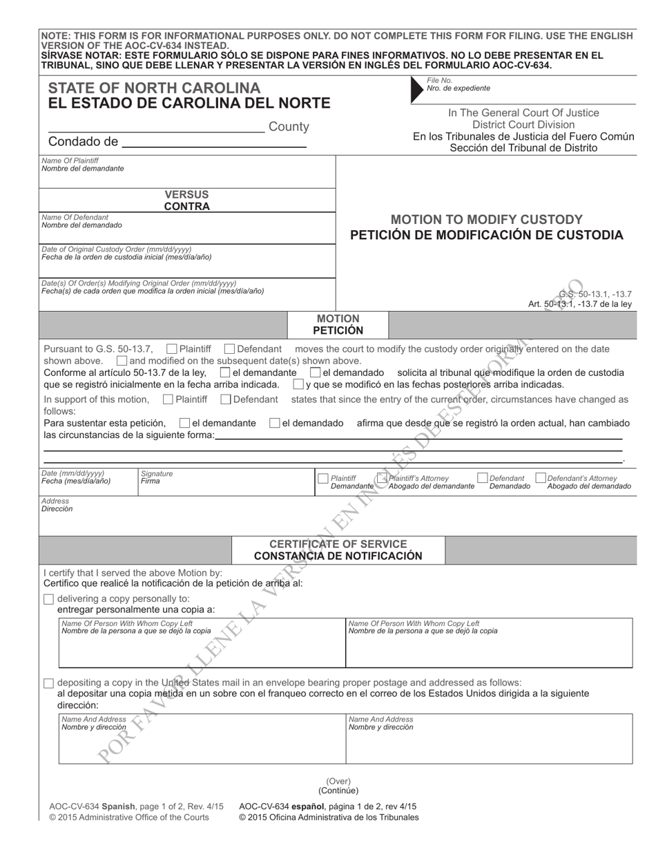 Form AOC-CV-634 SPANISH Motion to Modify Custody - North Carolina (English / Spanish), Page 1