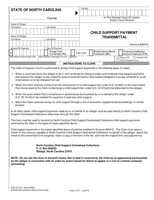 Form AOC-CV-641 Child Support Payment Transmittal - North Carolina