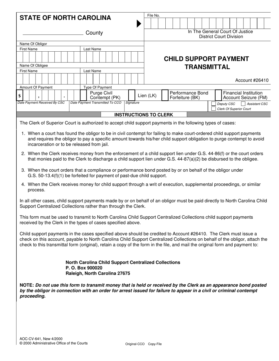 Form AOC-CV-641 Child Support Payment Transmittal - North Carolina, Page 1